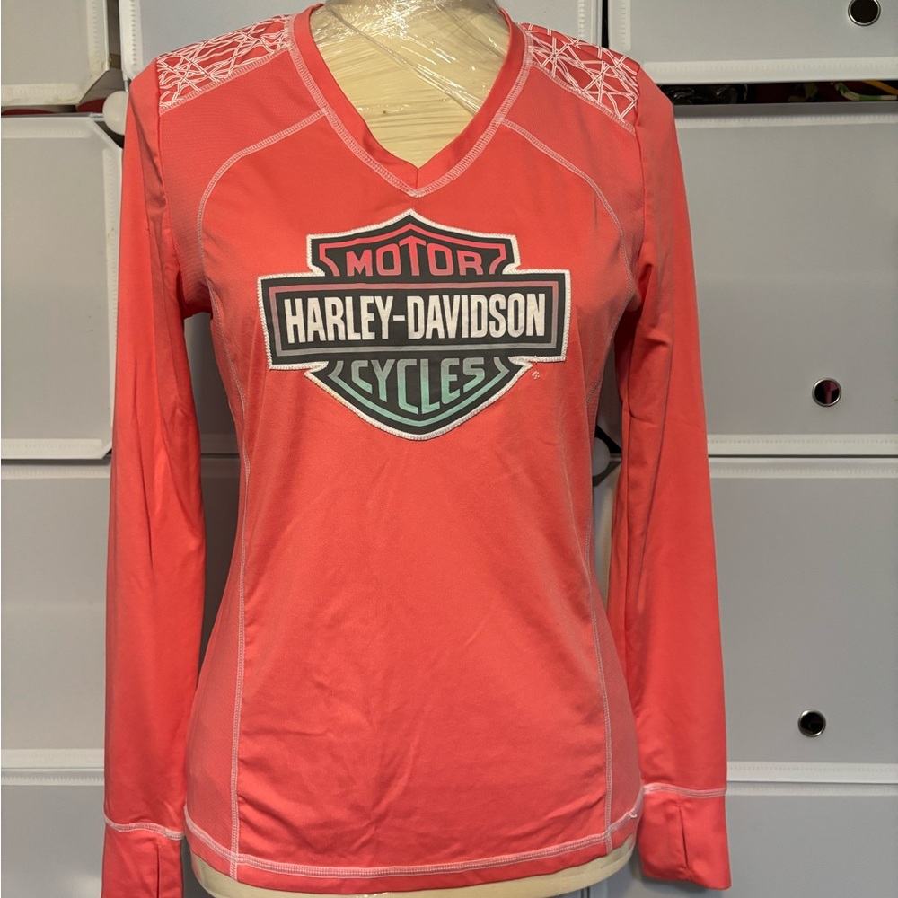 Harley-Davidson Women's V-Neck Coral Long Sleeve Tee